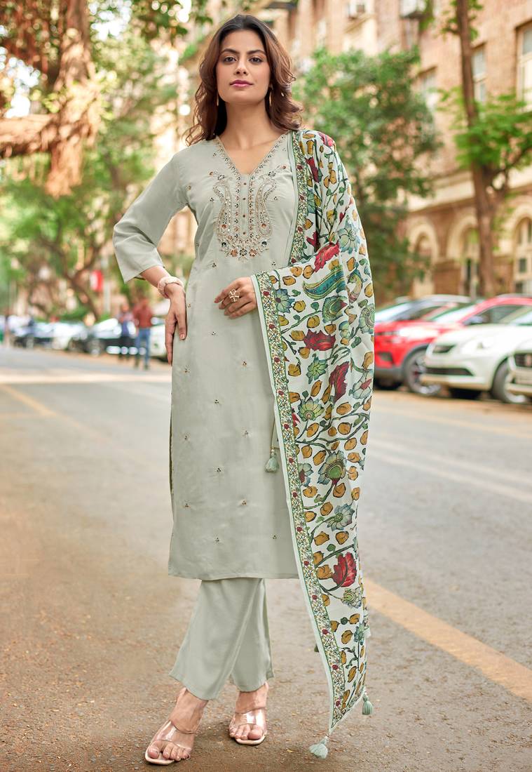 Women Floral Embroidered Regular Roman Slik Kurta with Trousers & Dupatta