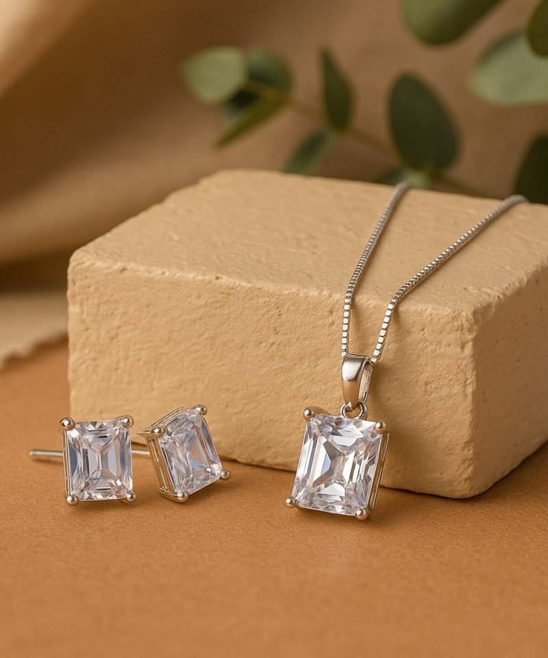 Jewelz silver-tone solitaire pendant necklace set with matching studs