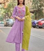 Women Floral Embroidered Panelled Thread Work Chanderi Cotton Kurta with Trousers & With Dupatta
