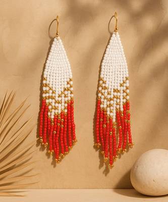 Jewelz handmade white, gold & red beaded tassel earrings 1