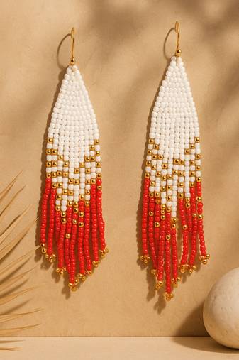 Jewelz handmade white, gold & red beaded tassel earrings