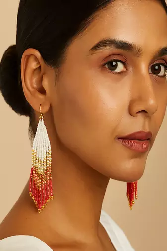 Jewelz handmade white, gold & red beaded tassel earrings