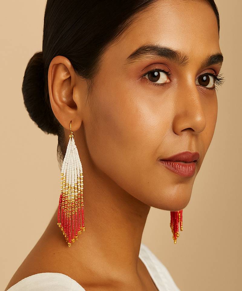 Jewelz handmade white, gold & red beaded tassel earrings