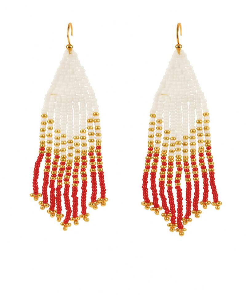 Jewelz handmade white, gold & red beaded tassel earrings