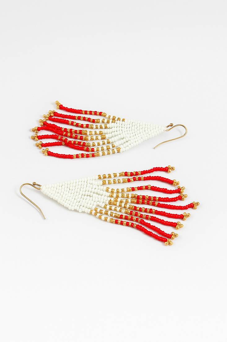 Jewelz handmade white, gold & red beaded tassel earrings