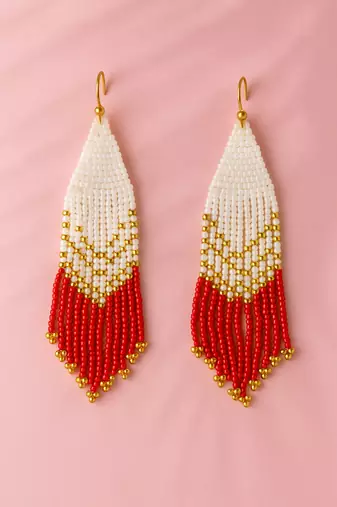 Jewelz handmade white, gold & red beaded tassel earrings