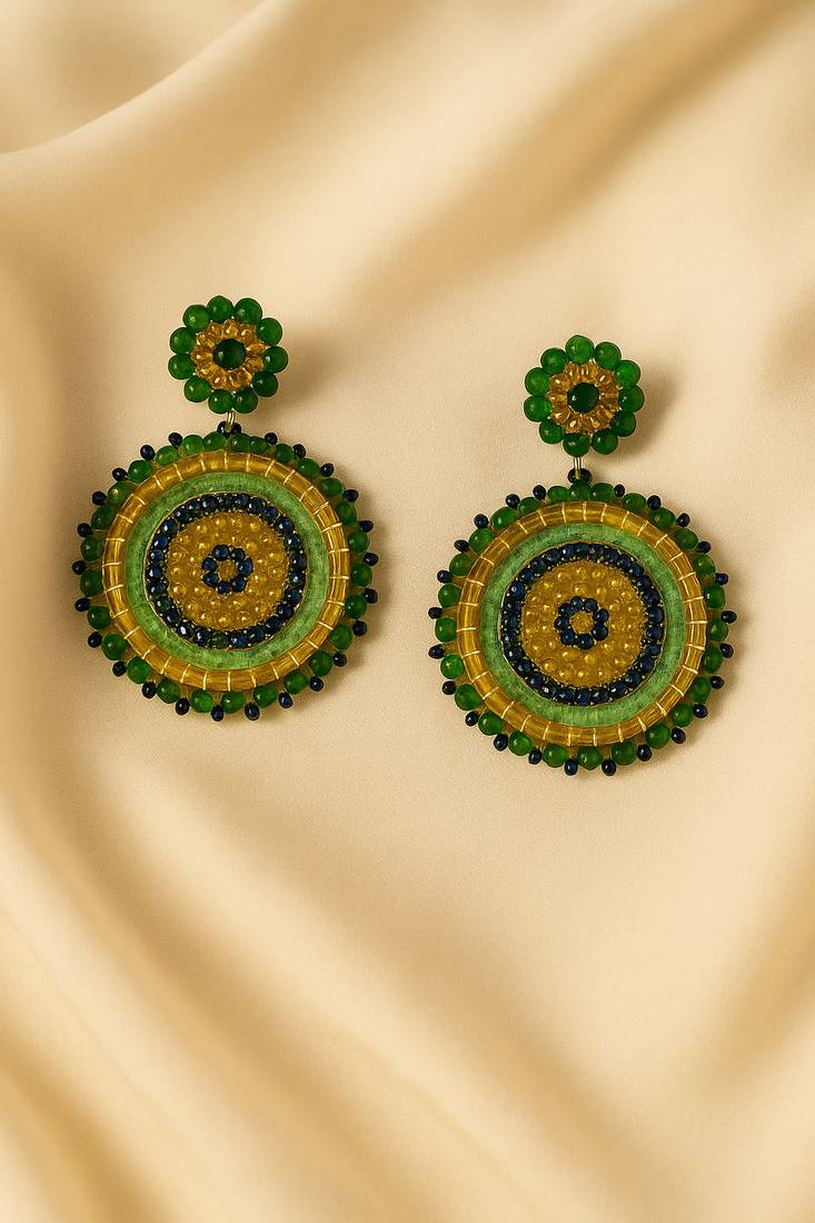 Jewelz handmade green & gold beaded round earrings