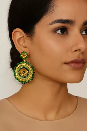 Jewelz handmade green & gold beaded round earrings