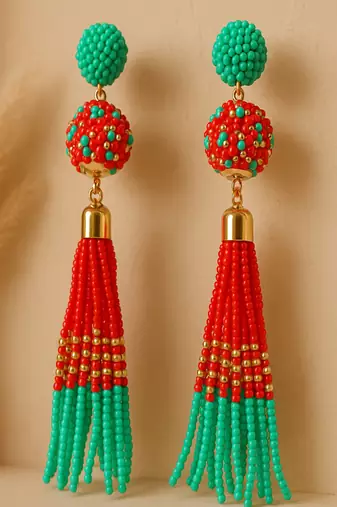 Jewelz red & green beaded tassel earrings