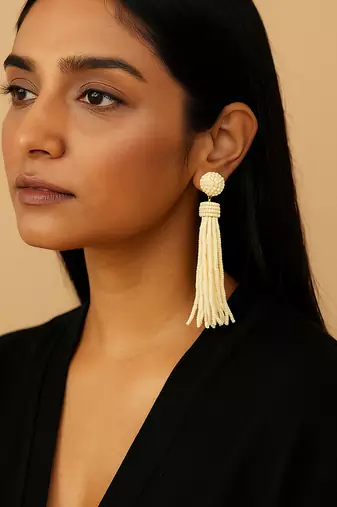 Jewelz handmade ivory beaded tassel earrings