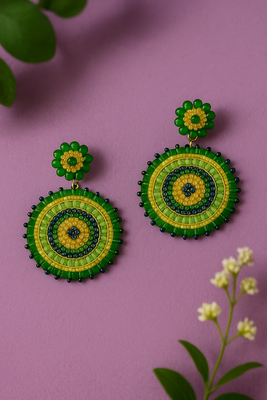 Jewelz handmade green & gold beaded round earrings 3