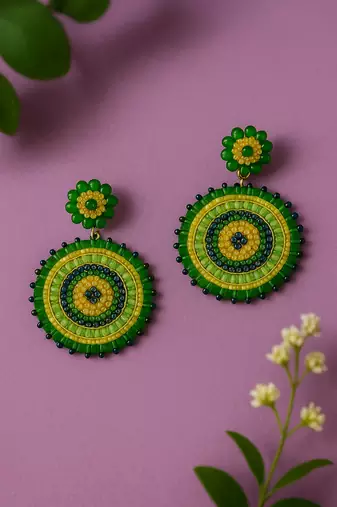 Jewelz handmade green & gold beaded round earrings