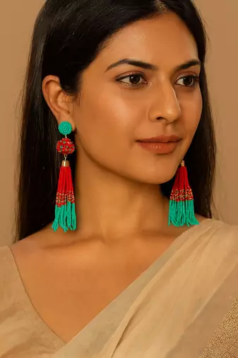 Jewelz red & green beaded tassel earrings