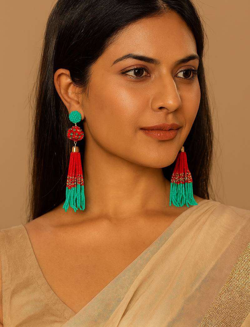 Jewelz red & green beaded tassel earrings
