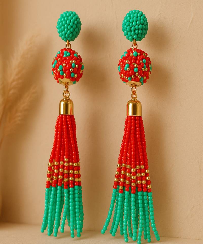 Jewelz red & green beaded tassel earrings