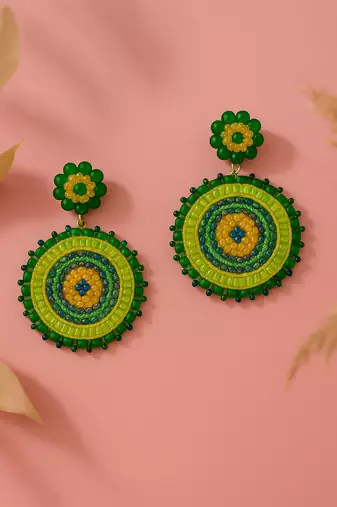 Jewelz handmade green & gold beaded round earrings