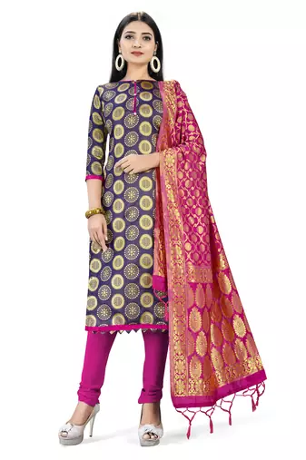Navy-blue woven silk blend unstitched churidar dress-materials