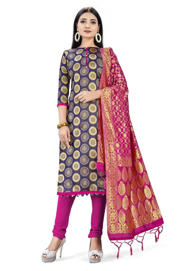 Navy-blue woven silk blend unstitched churidar dress-materials