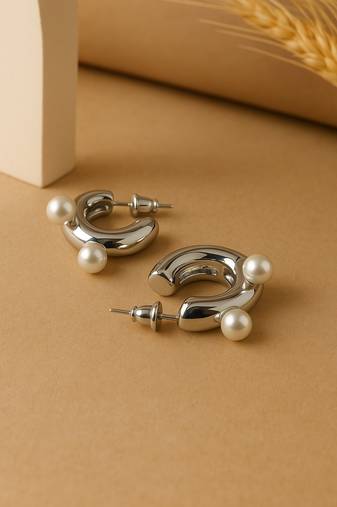 Jewelz premium silver pearl statement hoop earrings