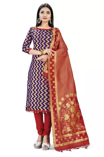 Navy-blue woven silk blend unstitched churidar dress-materials