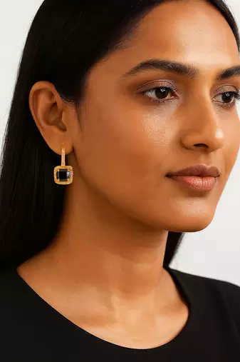 Jewelz gold-plated black stone drop earrings with crystal border