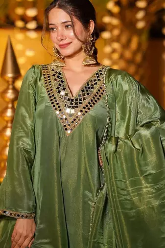 Green Embroidered Zari Silk Sharara Set 