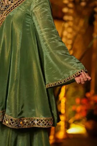 Green Embroidered Zari Silk Sharara Set 