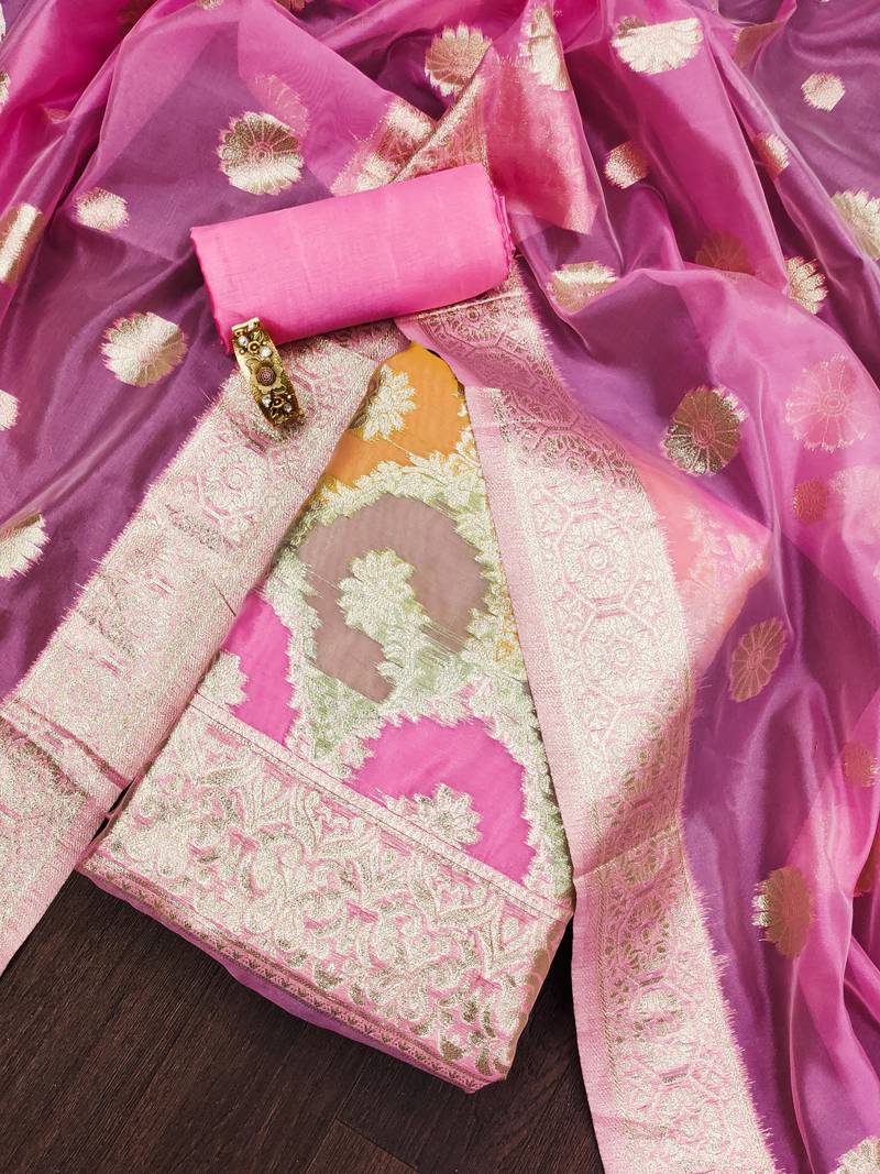 Multicolor woven organza unstitched churidar dress-materials