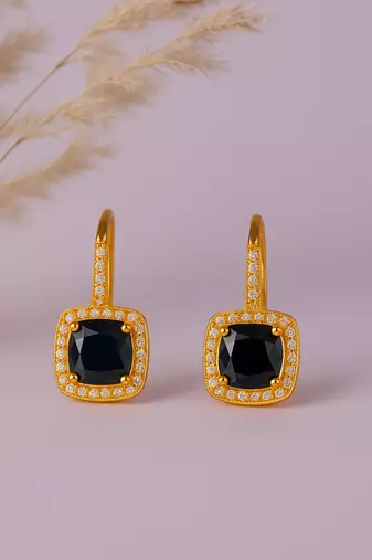 Jewelz gold-plated black stone drop earrings with crystal border