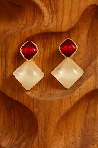 Jewelz gold-tone red & pearl geometric drop earrings