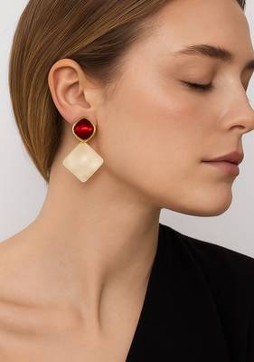 Jewelz gold-tone red & pearl geometric drop earrings 2