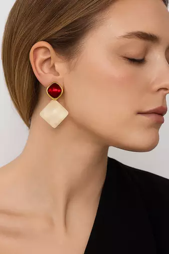 Jewelz gold-tone red & pearl geometric drop earrings