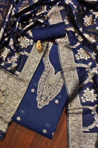 Navy-blue woven cotton unstitched churidar dress-materials