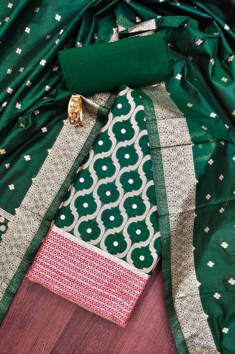 Green woven cotton unstitched churidar dress-materials