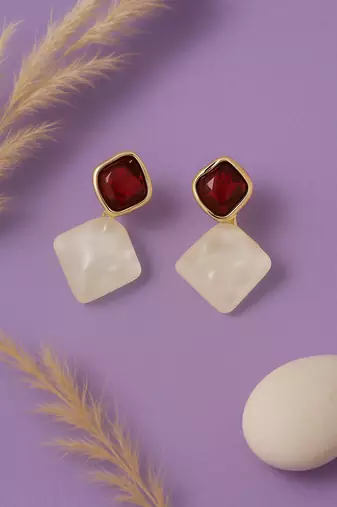 Jewelz gold-tone red & pearl geometric drop earrings