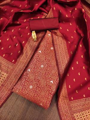 Red woven silk blend unstitched churidar dress-materials 1