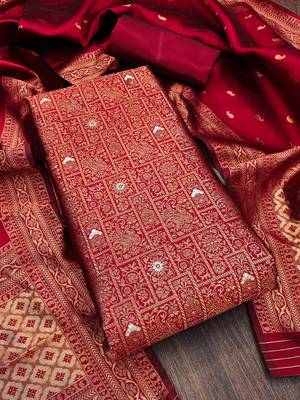 Red woven silk blend unstitched churidar dress-materials 2