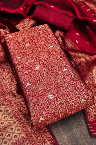 Red woven silk blend unstitched churidar dress-materials
