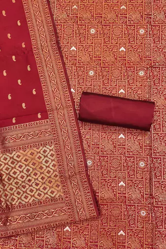 Red woven silk blend unstitched churidar dress-materials