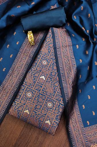 Navy-blue woven silk blend unstitched churidar dress-materials