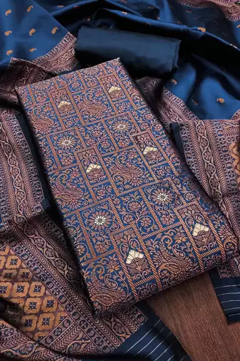 Navy-blue woven silk blend unstitched churidar dress-materials
