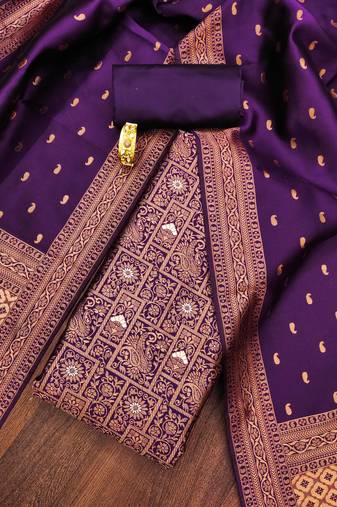 Wine woven silk blend unstitched churidar dress-materials