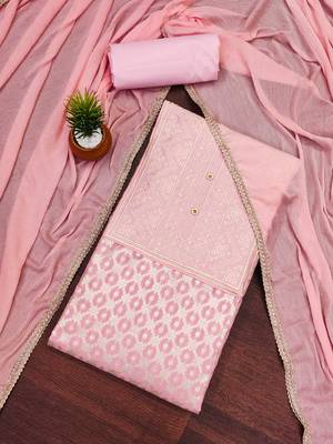 Baby-pink embroidered jacquard unstitched churidar dress-materials 1