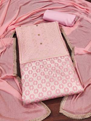 Baby-pink embroidered jacquard unstitched churidar dress-materials 3