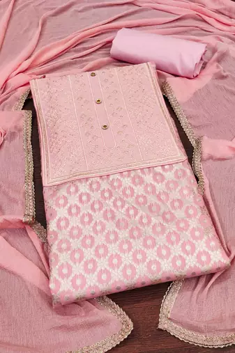 Baby-pink embroidered jacquard unstitched churidar dress-materials