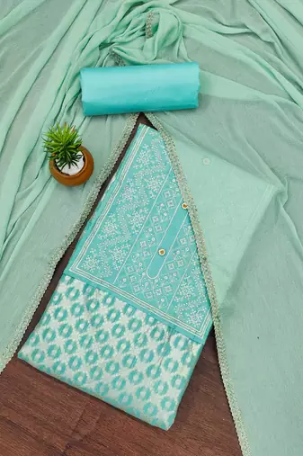 Sea-green woven jacquard unstitched churidar dress-materials