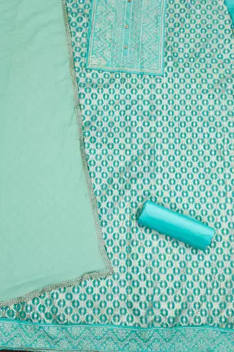Sea-green woven jacquard unstitched churidar dress-materials
