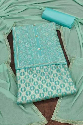 Sea-green woven jacquard unstitched churidar dress-materials