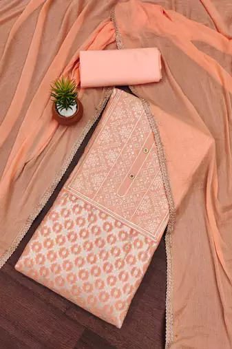 Peach woven jacquard unstitched churidar dress-materials