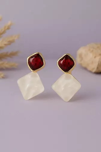 Jewelz gold-tone red & pearl geometric drop earrings